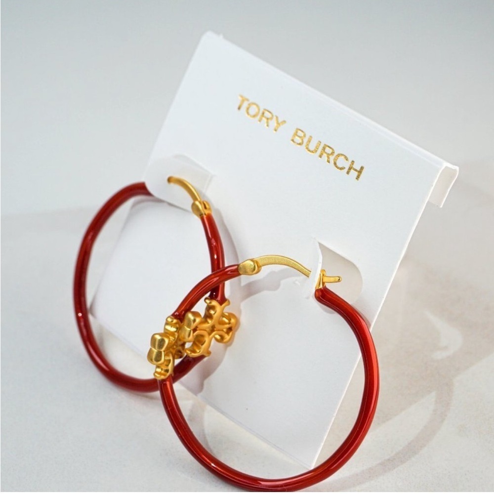 18K Gold plated Kira Tory Burch Red and Gold Hoop Earrings
